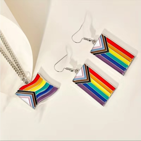 NEW! Rainbow Color Flag Shape Earrings & Necklace Set Pride Day - Picture 3 of 5